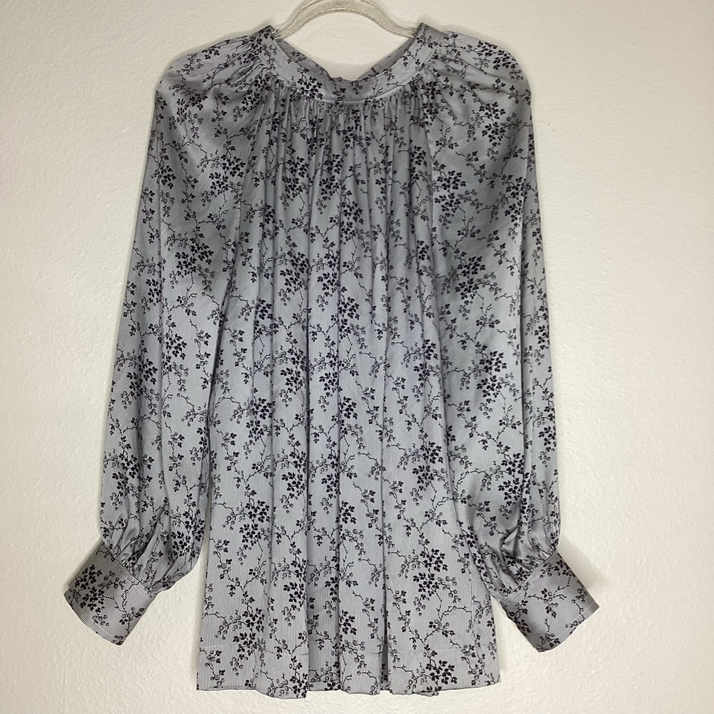 CO Italian Silk Blouse Stripes Floral Black Silver Back Bow Lg
